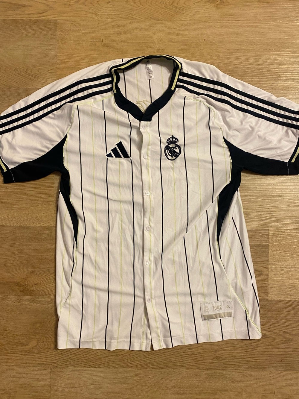 Adidas White and Black Pinstripe Real Madrid Baseball Style Soccer Jersey